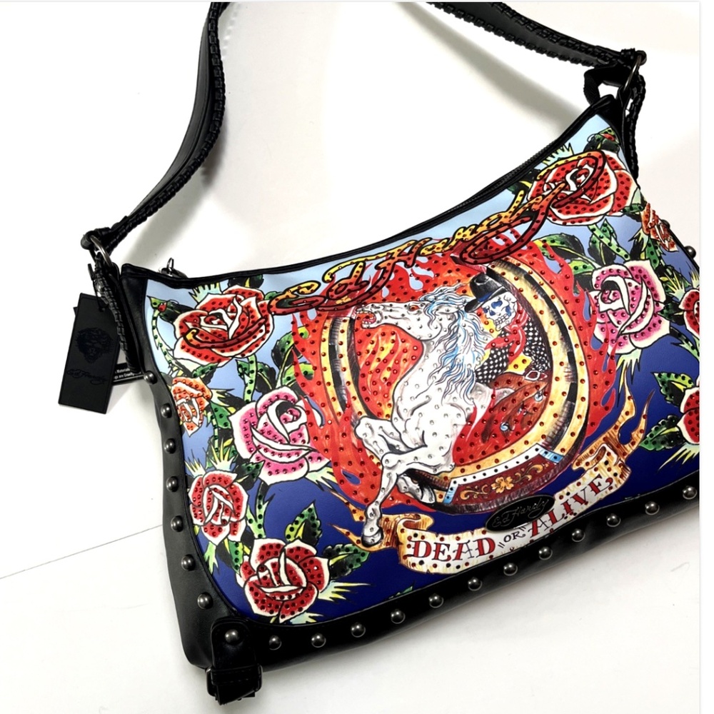 Ed Hardy Multicolor Floral & Horse Hobo Bag with Black Trim - Picture 2 of 8